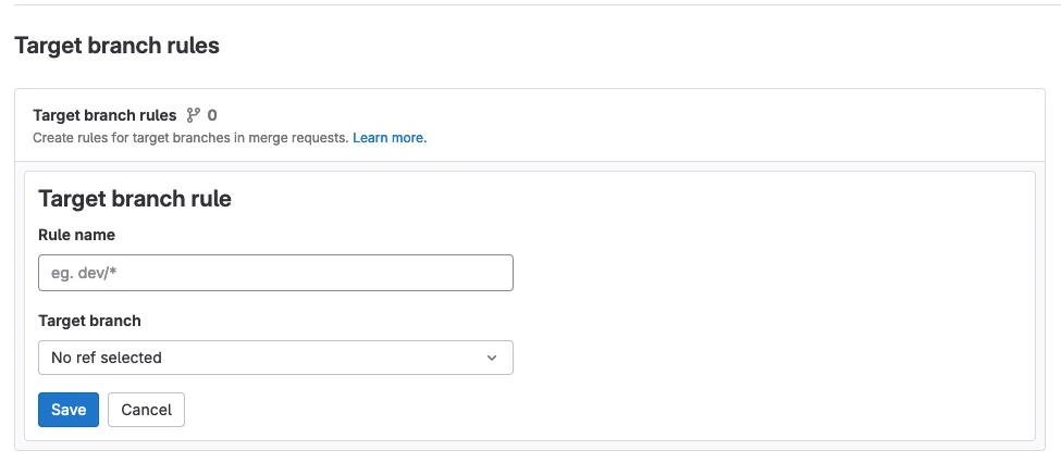 ’Merge Request 타깃 브랜치 규칙’ 관련 화면. 출처=GitLab