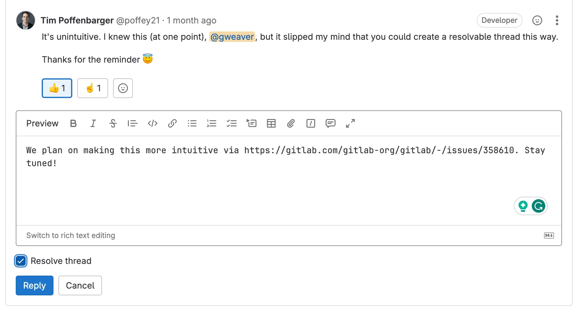 이슈 스레드 해결하기 관련 화면. 출처=GitLab
