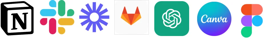 인포그랩에서 업무를 수행할 때 이용하는 각종 서비스 모음. Notion, Slack, Loom, GitLab, ChatGPT, Canva, Figma(왼쪽부터). 출처=각 사