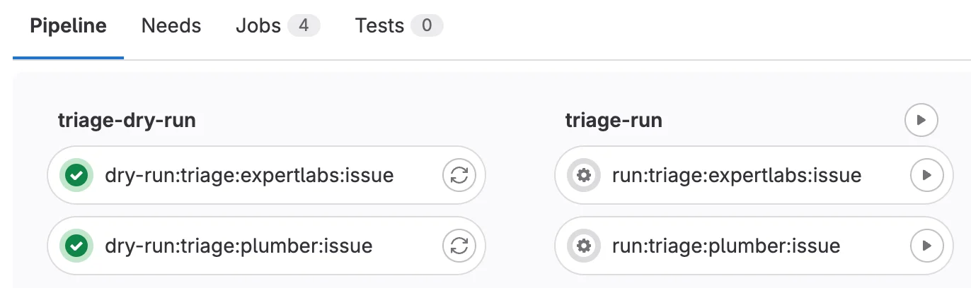 GitLab에 생성된 Triage 작업 관련 파이프라인 화면