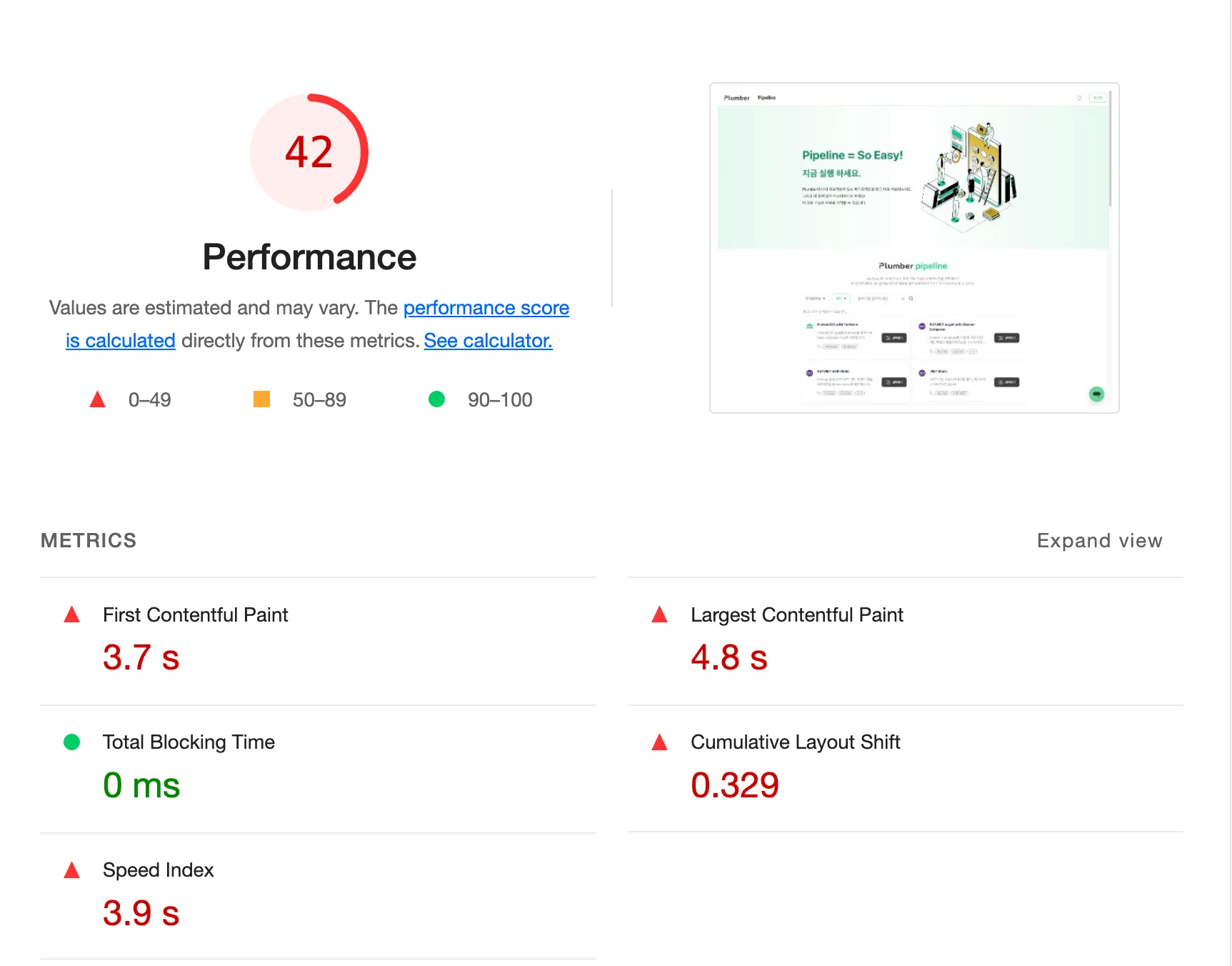 Plumber의 웹 성능 최적화 전 Lighthouse 점수