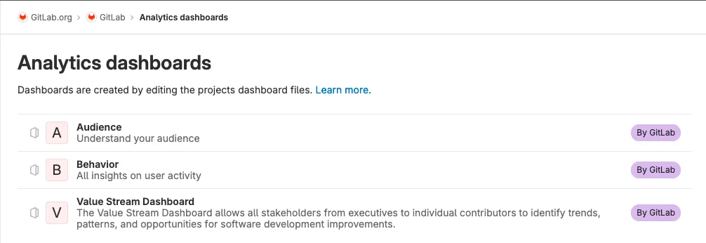 GitLab의 Analytics Dashboards 화면. 출처=GitLab