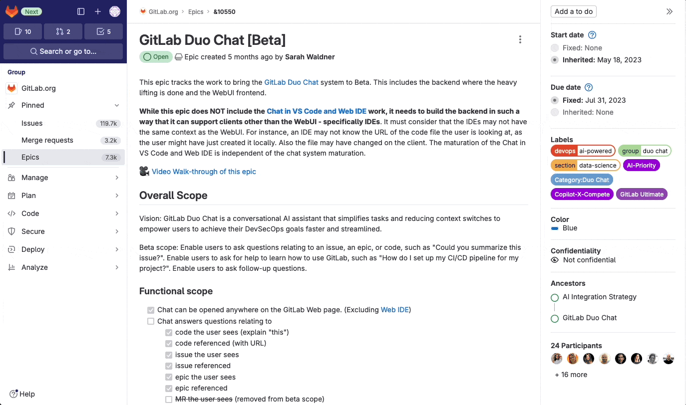 GitLab Duo 이슈, 에픽 관리 화면. 출처=GitLab