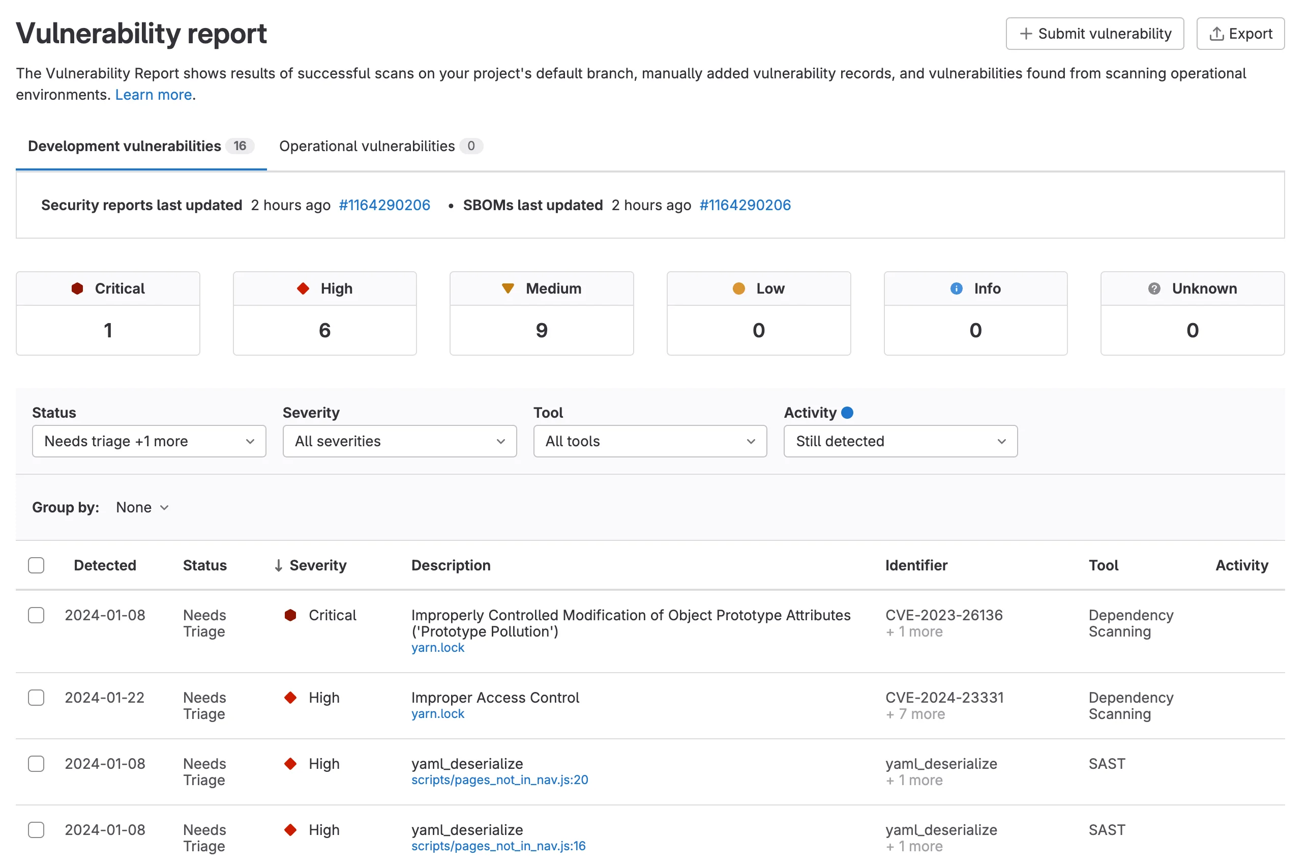 GitLab의 취약점 보고서 화면