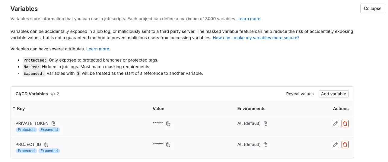 GitLab Variables 페이지의 파이프라인 실행용 CI/CD 변수 목록