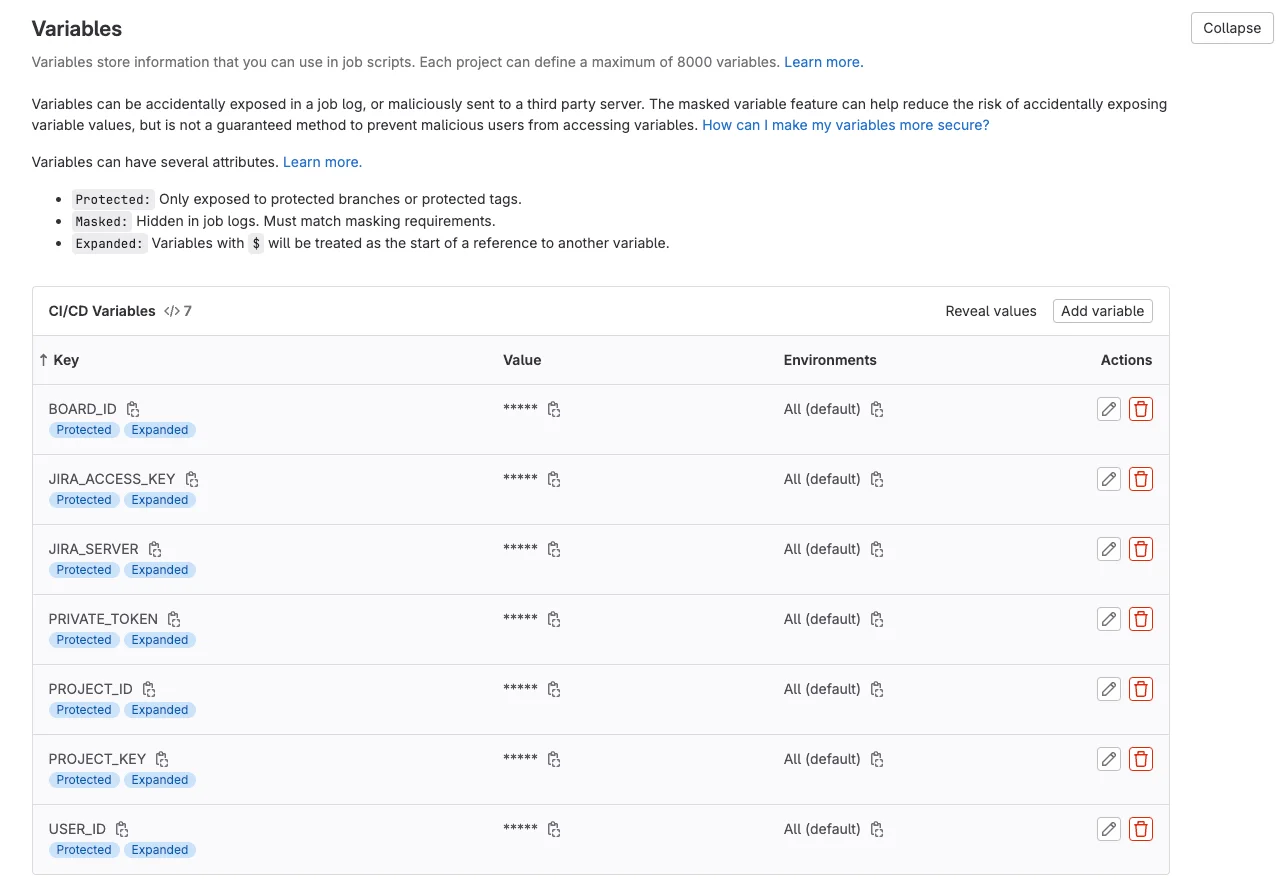 GitLab Variables 페이지의 파이프라인 실행용 GitLab, Jira CI/CD 변수 목록