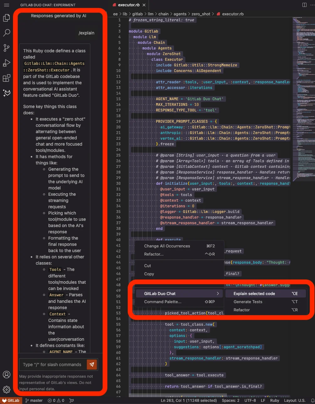 VS Code에서 GitLab Duo Chat을 사용하는 모습. 출처=GitLab