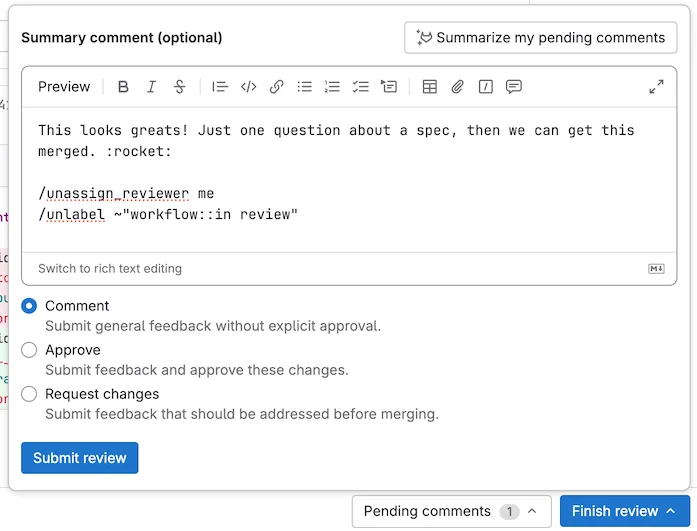 Merge Request 리뷰를 완료할 때 선택할 수 있는 세 가지 옵션. 출처=GitLab