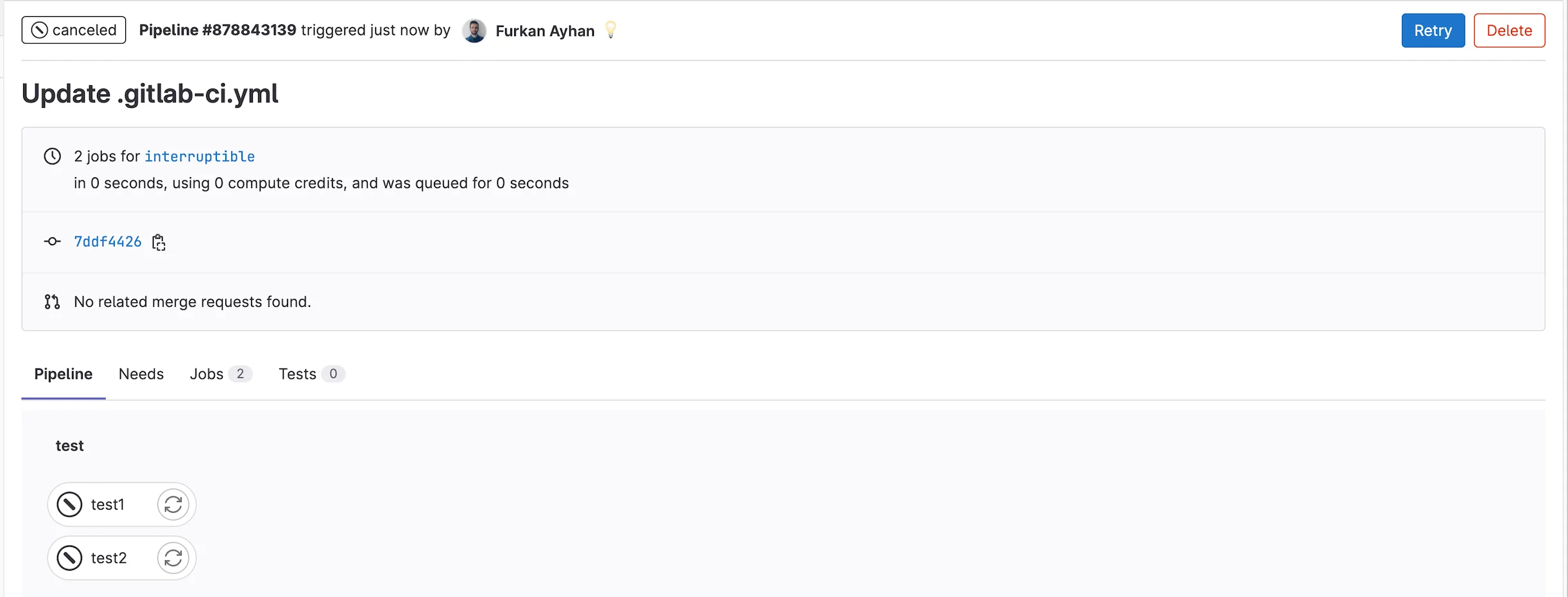 자동 취소 파이프라인 정보. 출처=GitLab