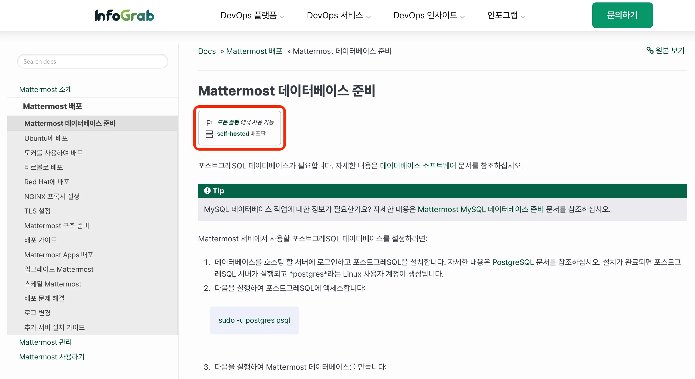 Mattermost 공식 기술 문서 한글판 문서 페이지에 나온 라이선스, 사용 환경 정보