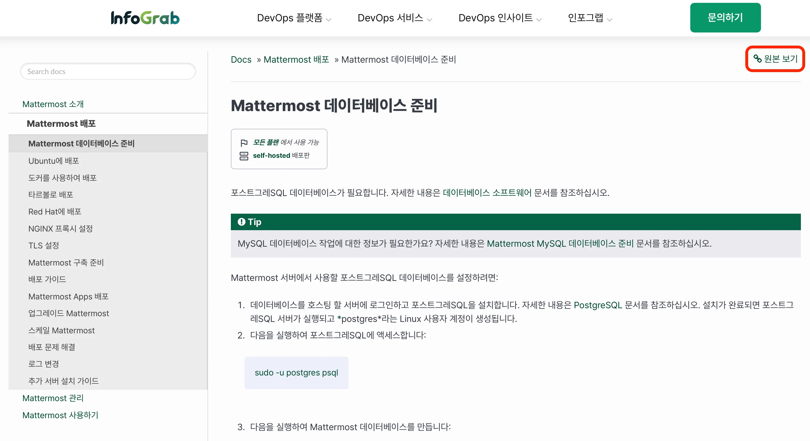 Mattermost 공식 기술 문서 한글판 문서 페이지의 ‘원본 보기’ 링크