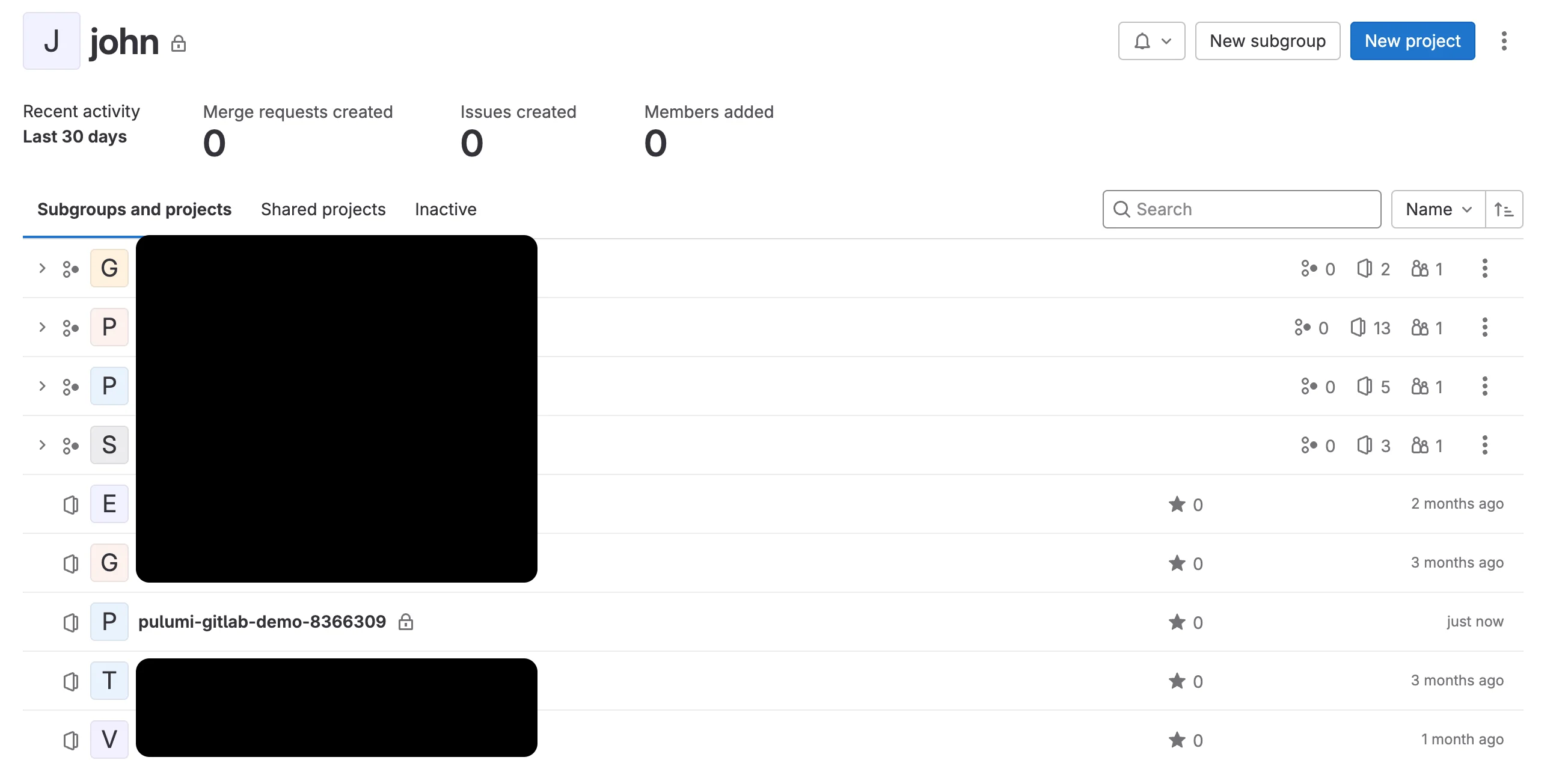 GitLab 프로젝트 pulumi-gitlab-demo-8355309가 생성된 모습