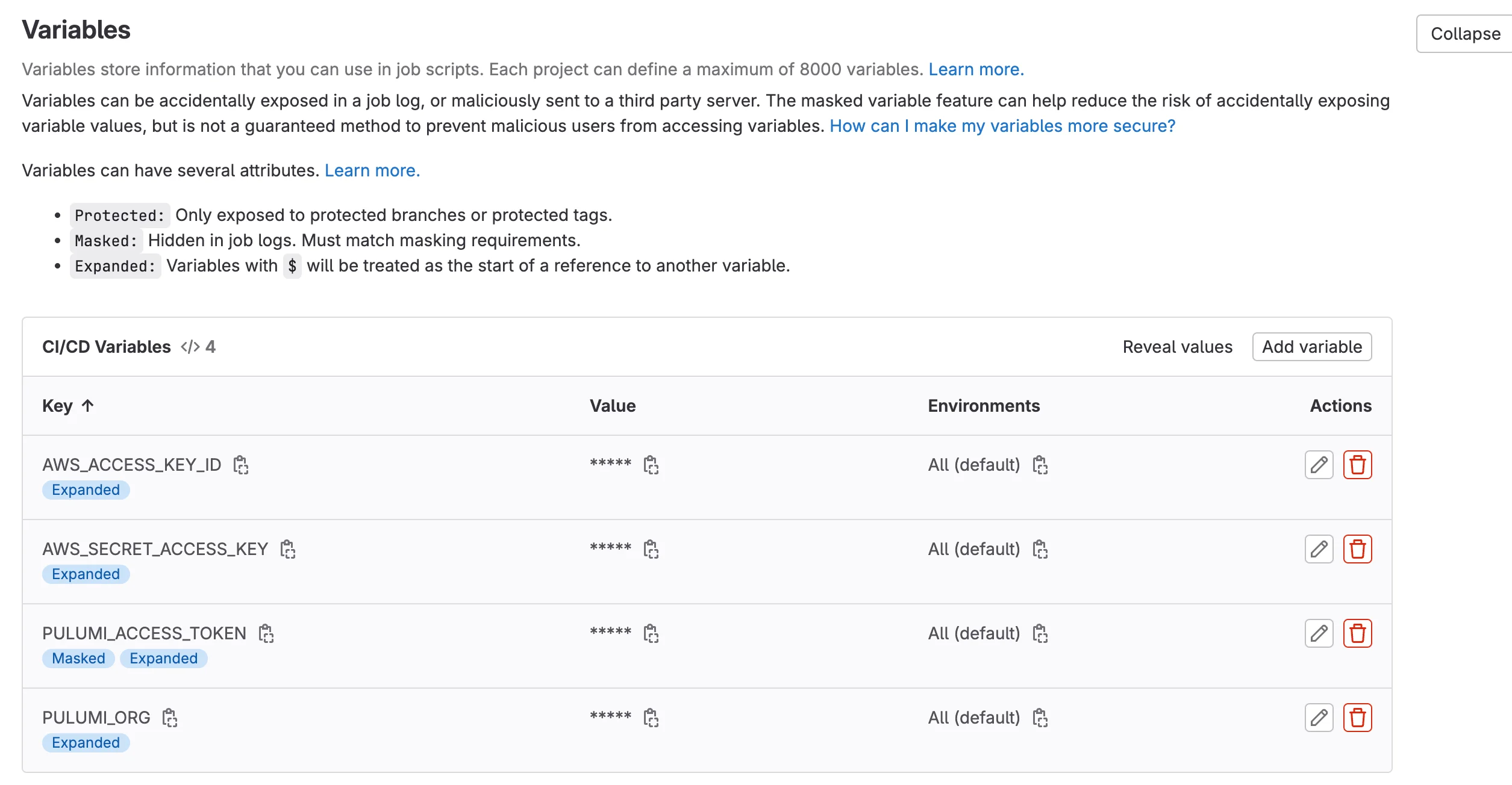 Pulumi로 생성된 CI/CD 환경변수