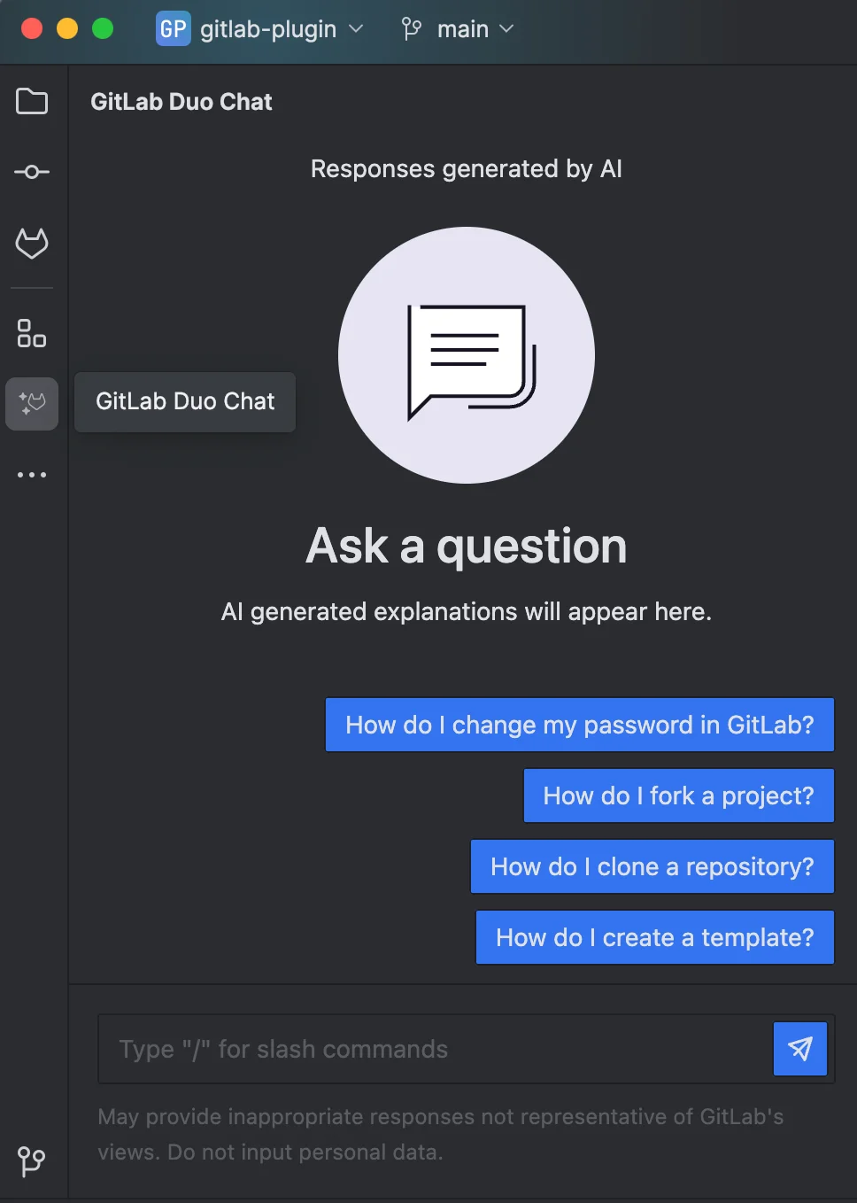 JetBrains IDE에서 GitLab Duo Chat을 실행한 화면. 출처=GitLab