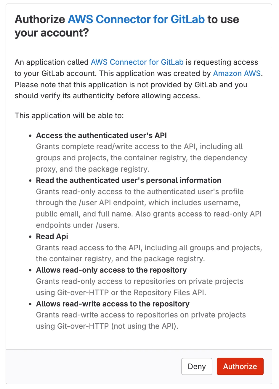 AWS Connector for GitLab 권한 부여 관련 창