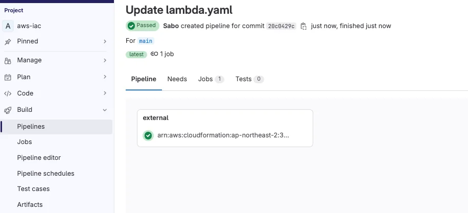 GitLab 파이프라인이 external로 동작하는 걸 보여주는 화면