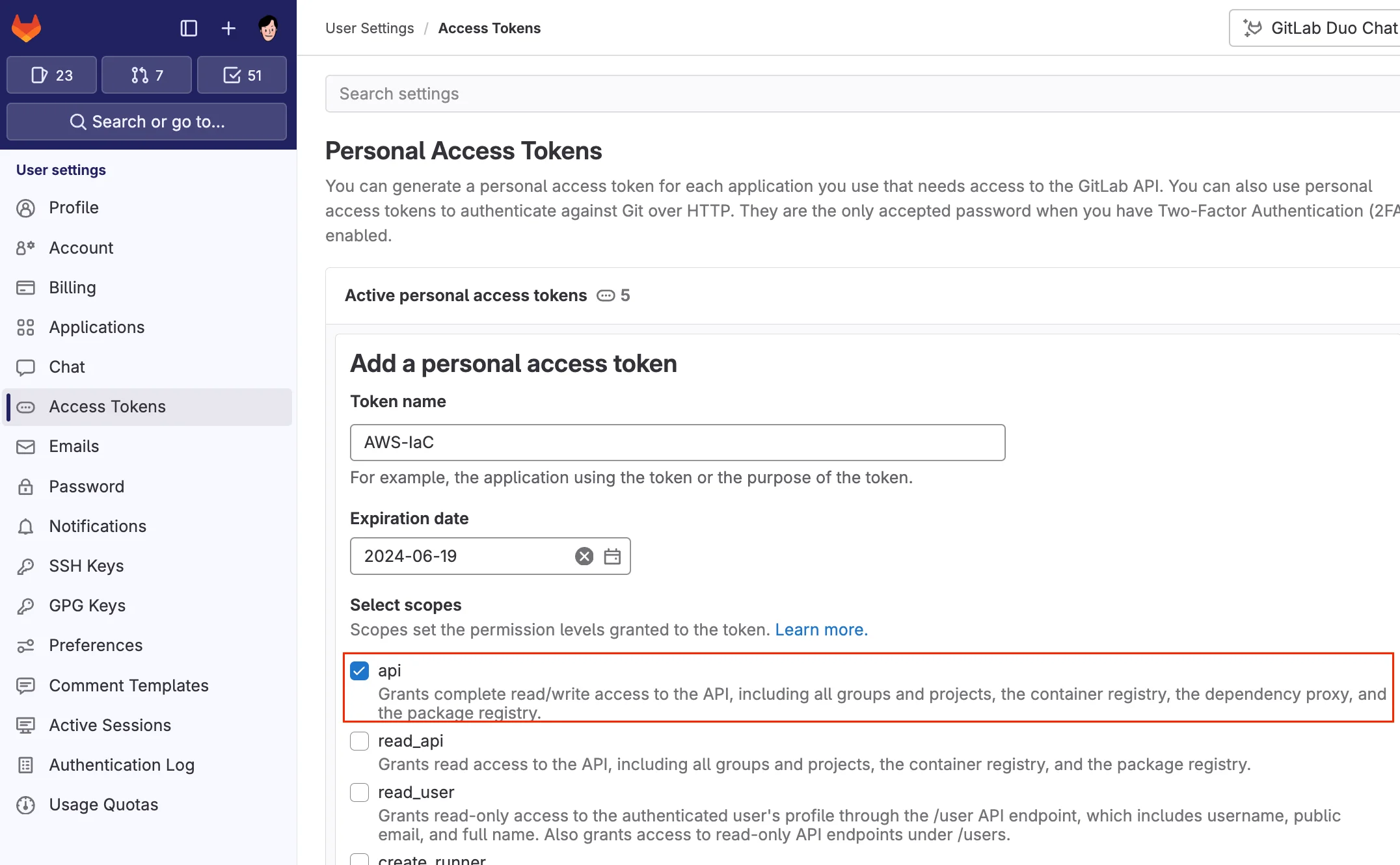 GitLab에서 Personal Access Token을 발급받는 화면