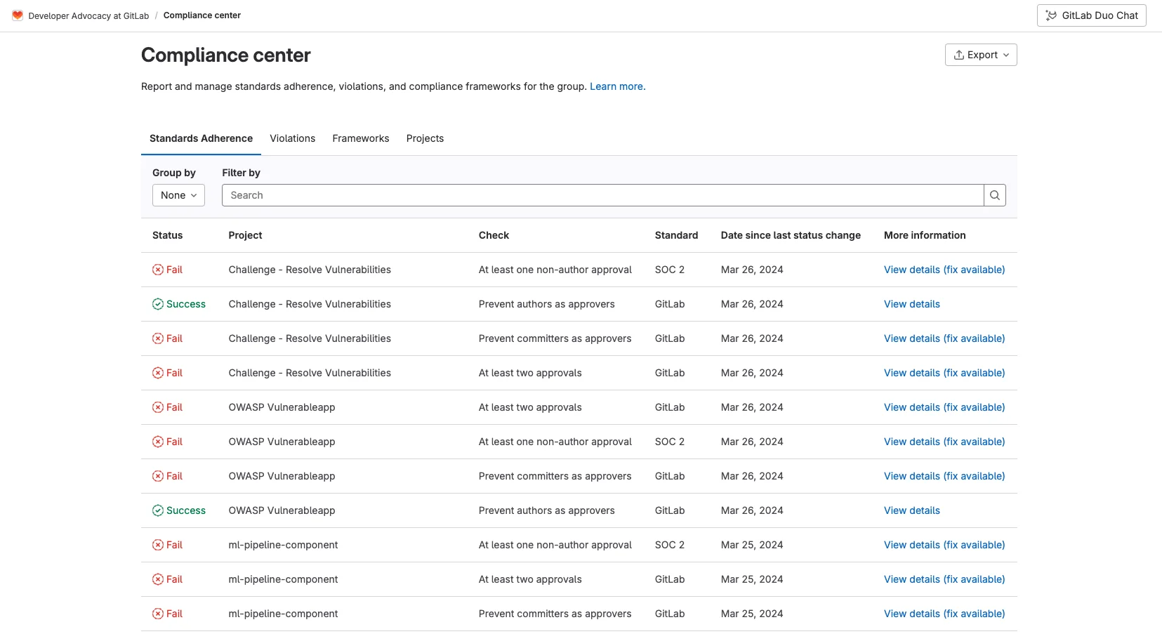 GitLab 컴플라이언스 센터 화면. 출처=GitLab