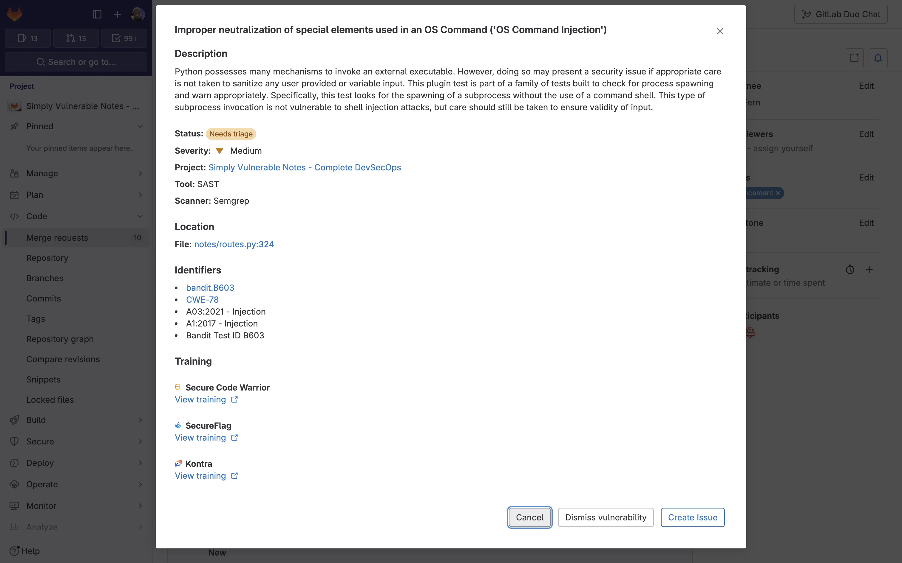 GitLab에서 SAST로 발견한 취약점 상세 내용. 출처=GitLab