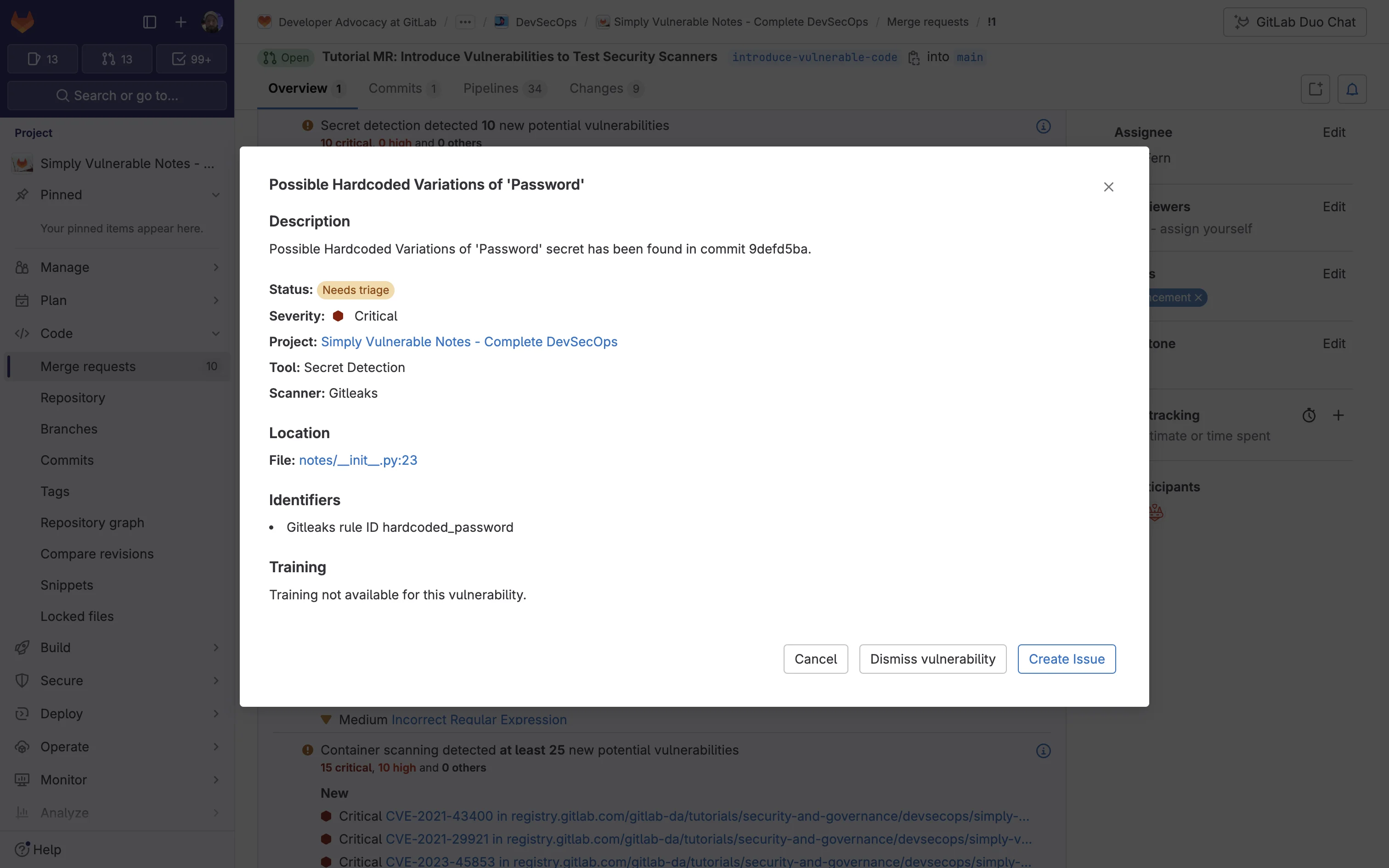 Secret Detection으로 탐지한 취약점 상세 정보. 출처=GitLab