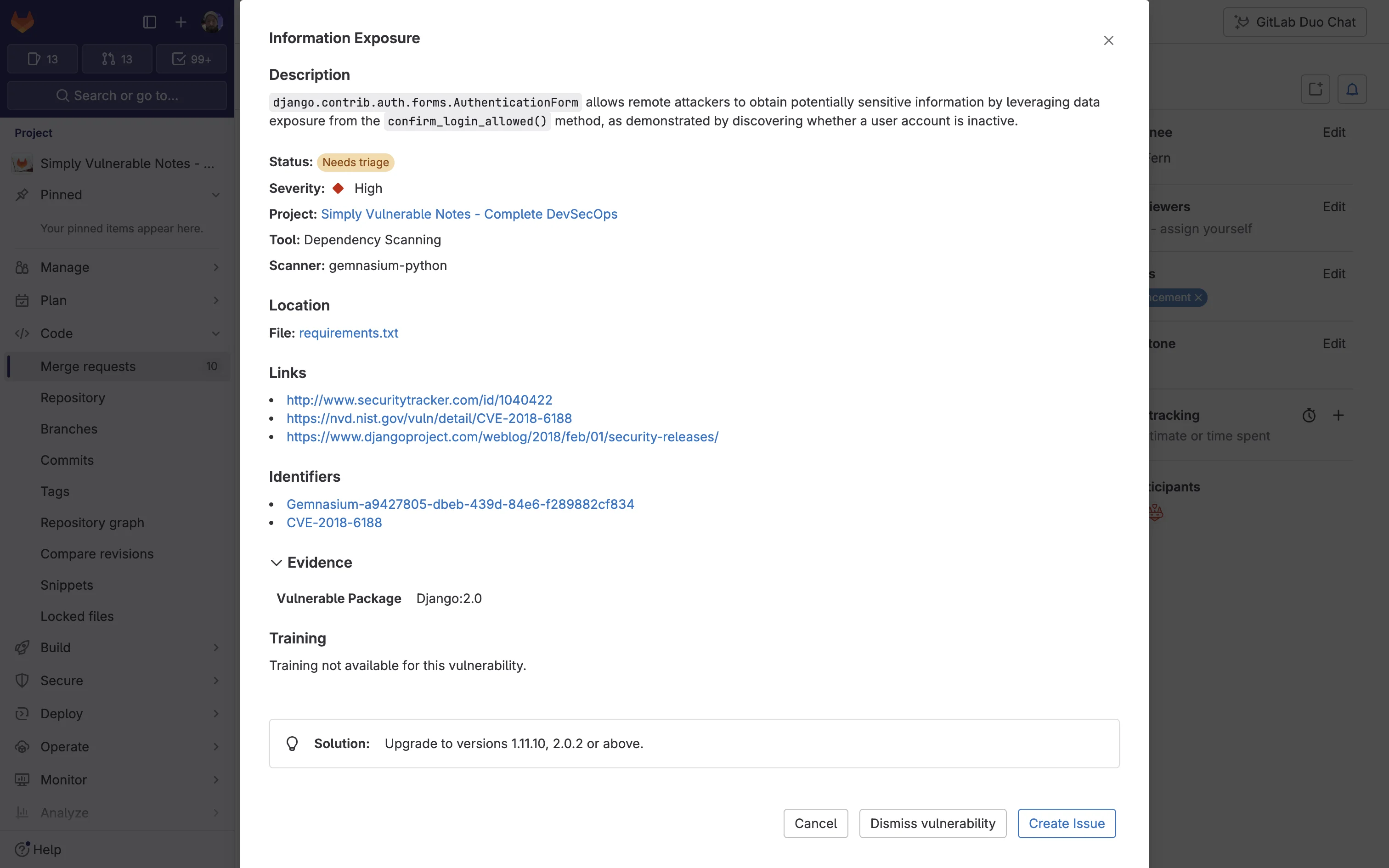 의존성 스캐닝으로 발견한 취약점 상세 정보. 출처=GitLab
