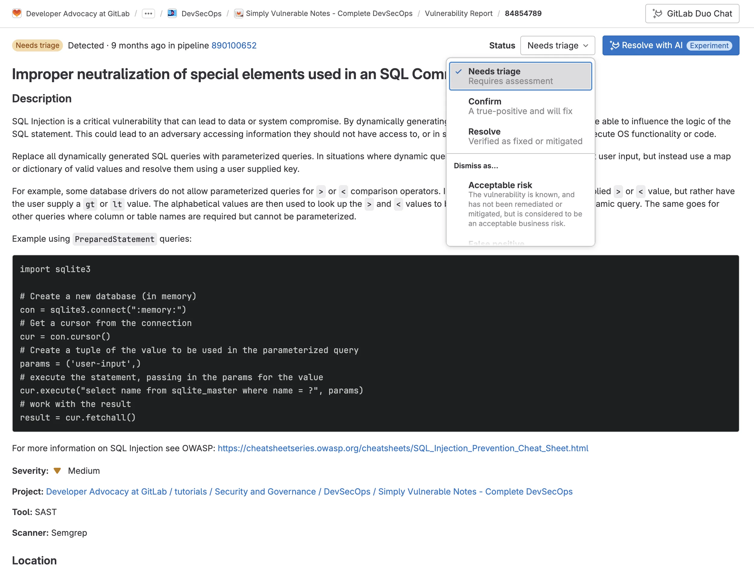GitLab SAST 스캐너로 탐지한 SQL Injection 취약점 페이지. 출처=GitLab