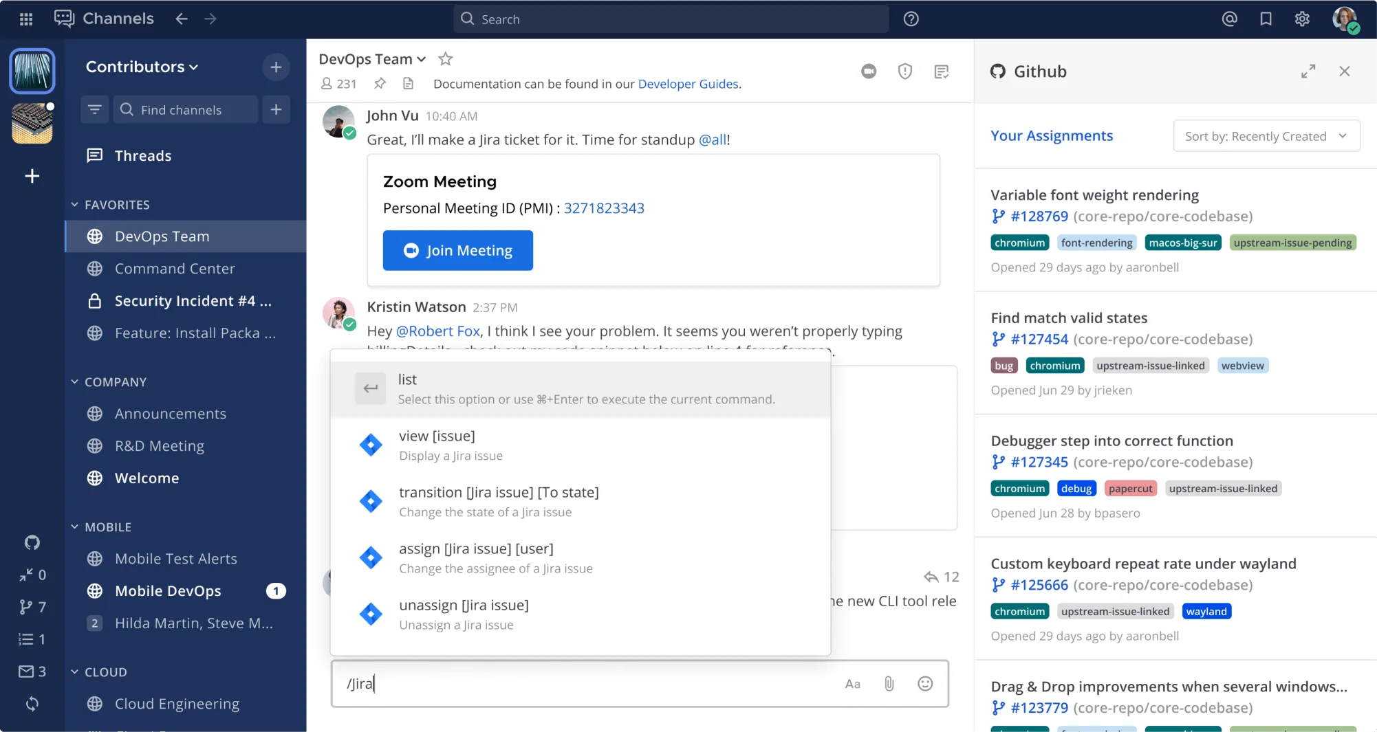 Mattermost에서 Jira 기능을 실행하기 위해 슬래시 명령을 입력하는 모습. 출처=Mattermost