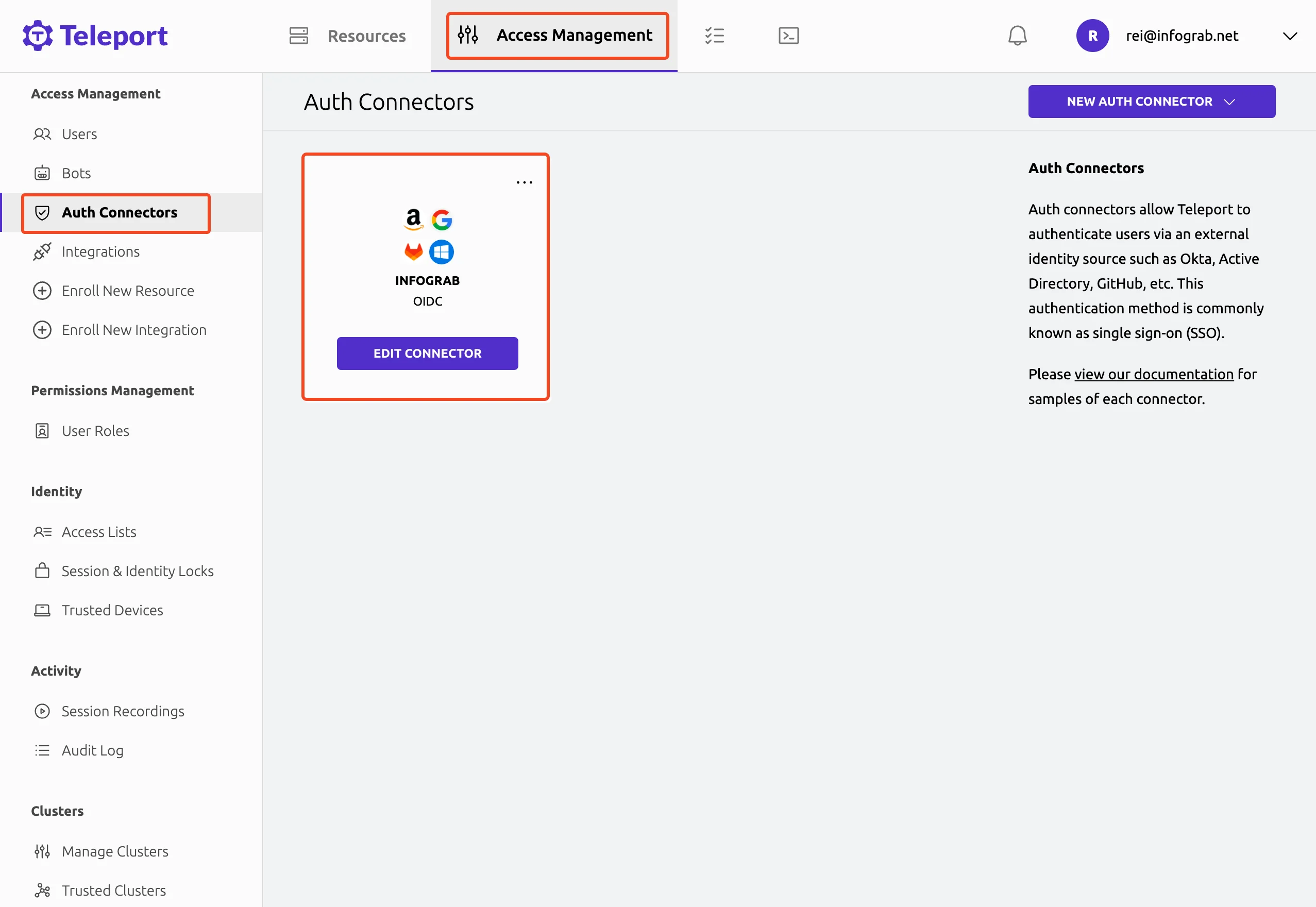 Teleport Access Management 메뉴의 Auth Connectors 카테고리에 OIDC 프로바이더가 뜬 모습