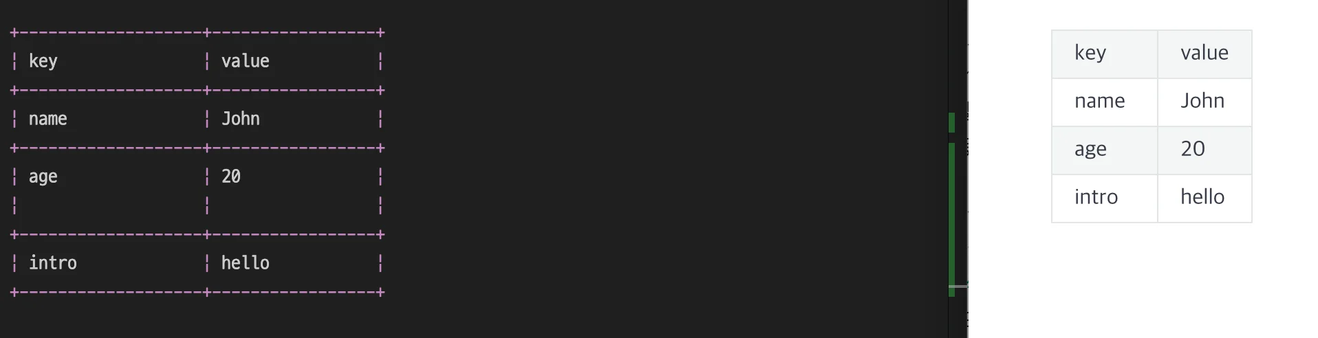 RST 형식의 테이블에 있는 단어를 번역하기 전 모습(왼쪽), 웹사이트에 테이블이 정상적으로 적용된 모습(오른쪽)