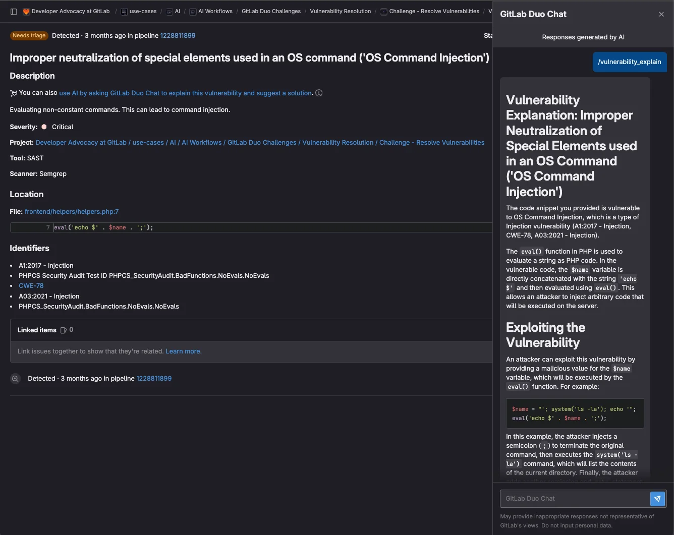 취약점 설명 기능 실행 화면. 출처=GitLab