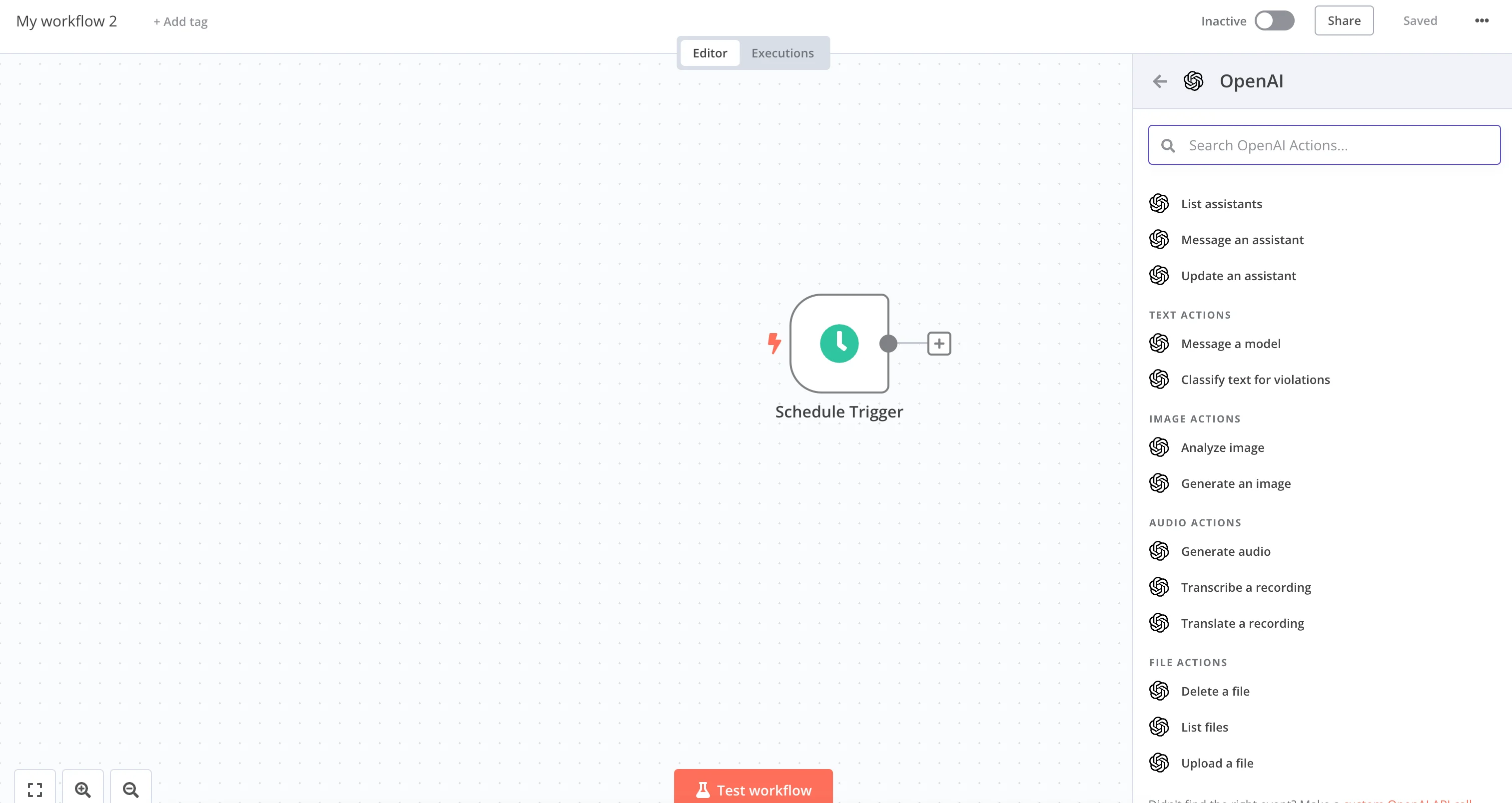 n8n에서 Integration 노드로 OpenAI를 추가하는 화면