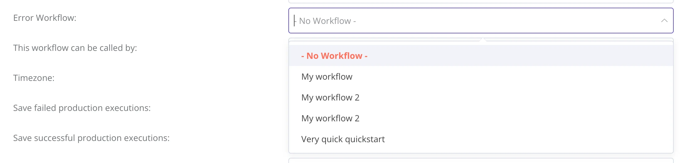 n8n에서 에러가 발생할 때 실행할 에러 워크플로를 설정하는 화면