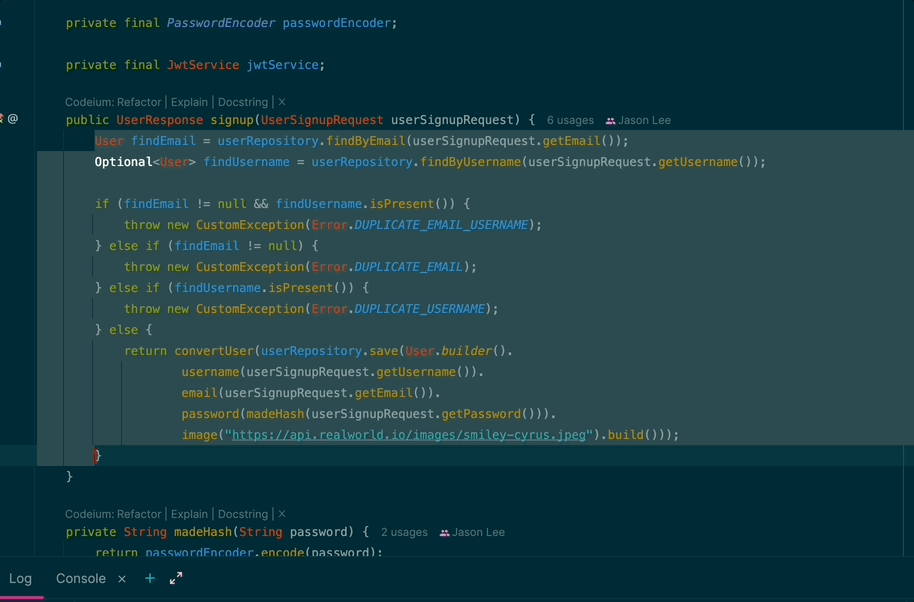 AI 코드 완성 도구 Codeium으로 코드를 리팩토링하는 모습