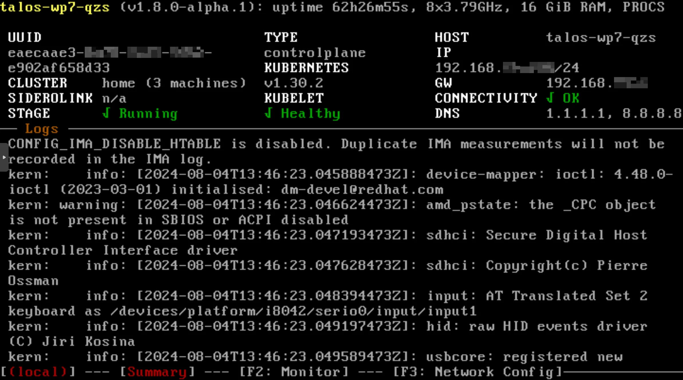 Kubernetes가 모두 구성된 Talos Linux 첫 화면