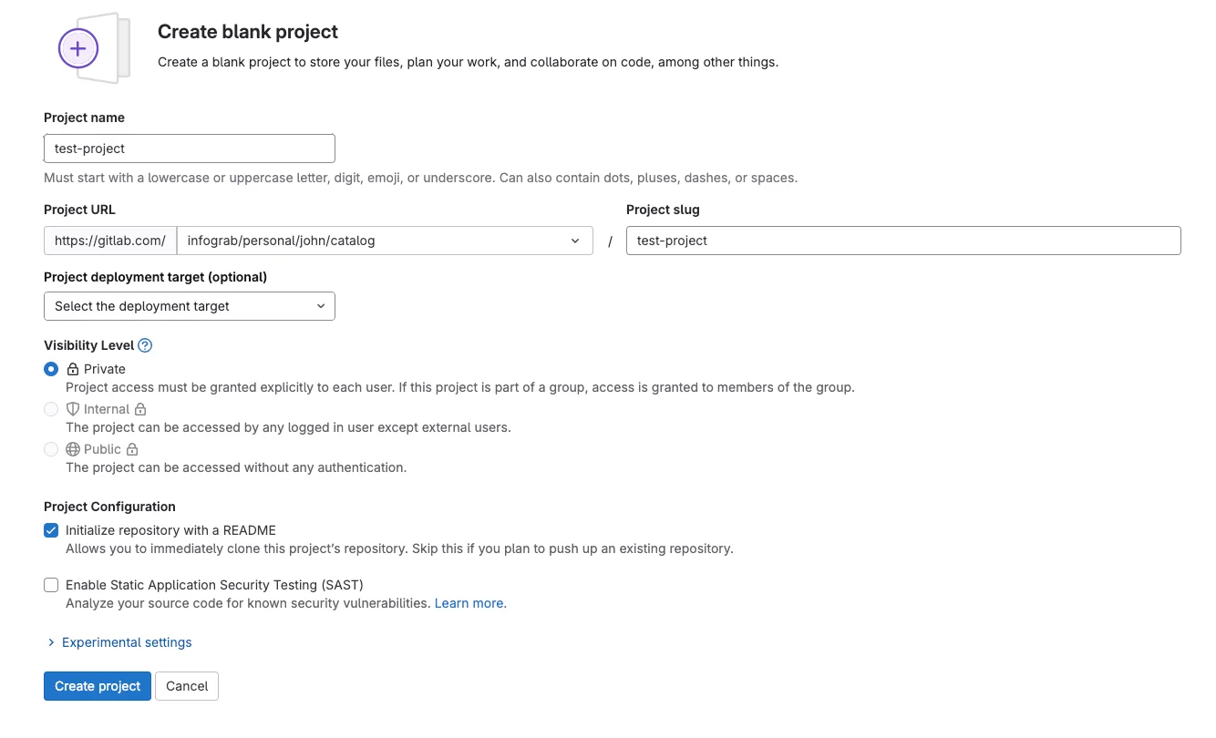 GitLab 프로젝트 생성 화면