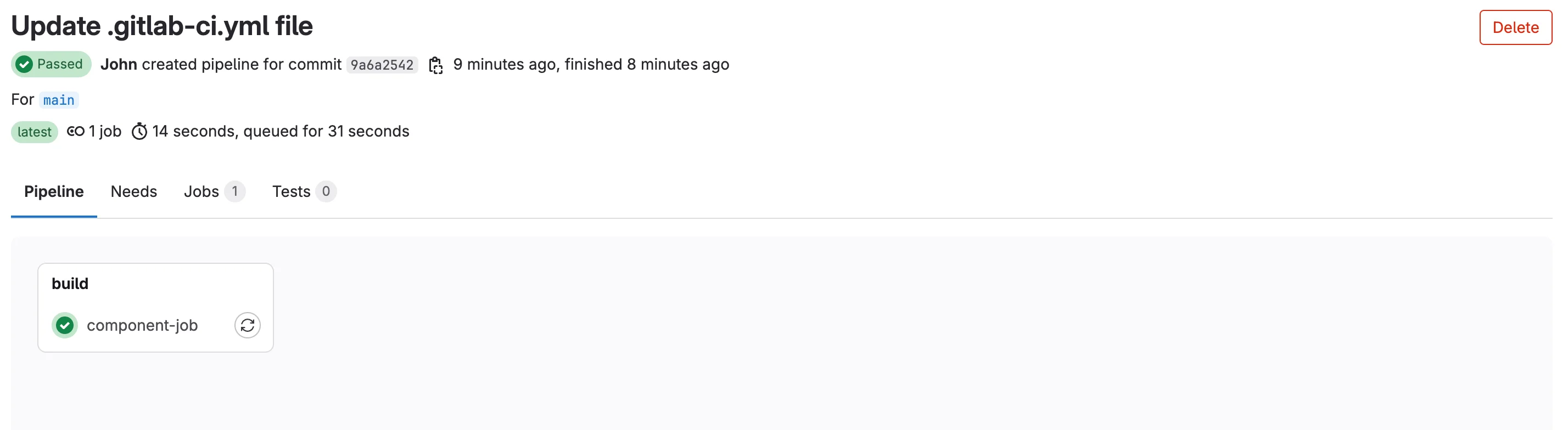 GitLab CI/CD 컴포넌트 job의 build 스테이지 실행 화면
