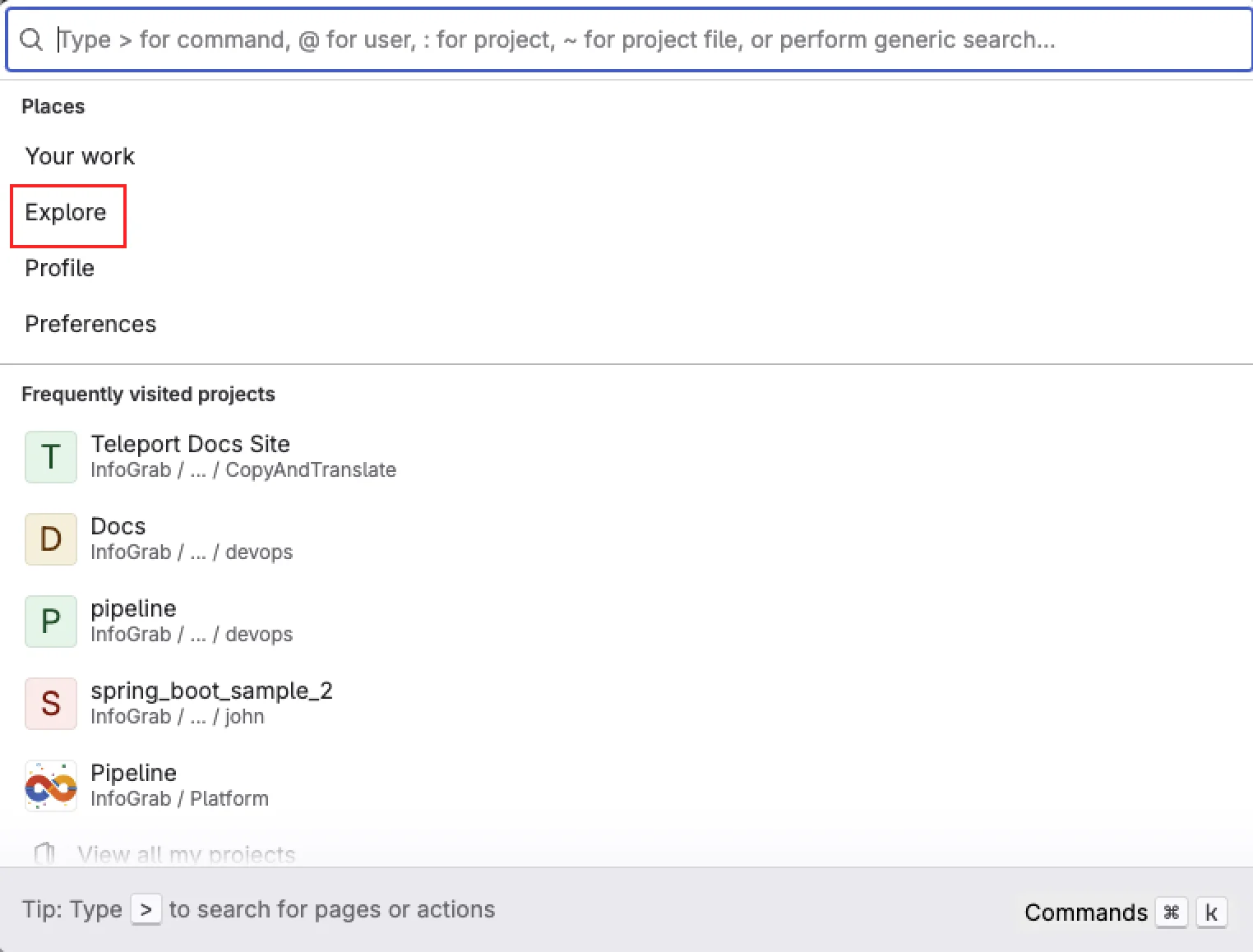 GitLab에서 Search or go to 클릭 시 화면