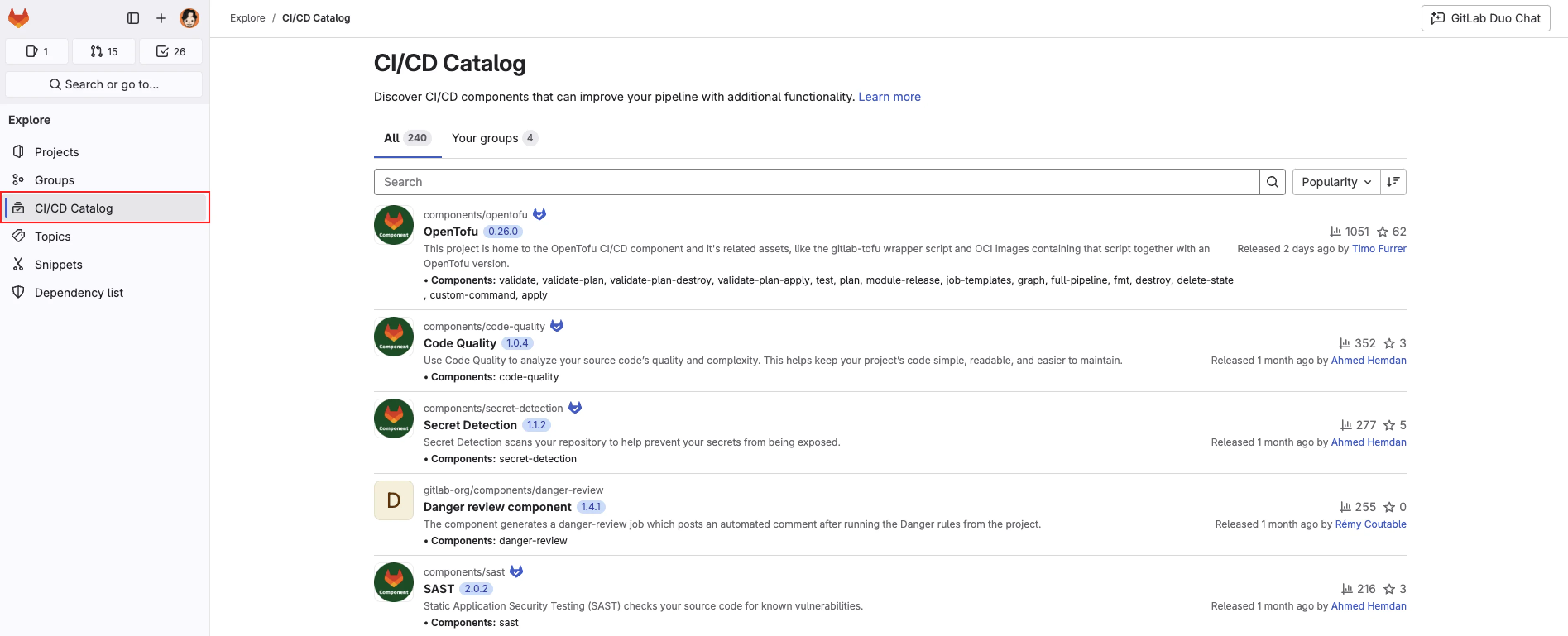 GitLab CI/CD 카탈로그 화면