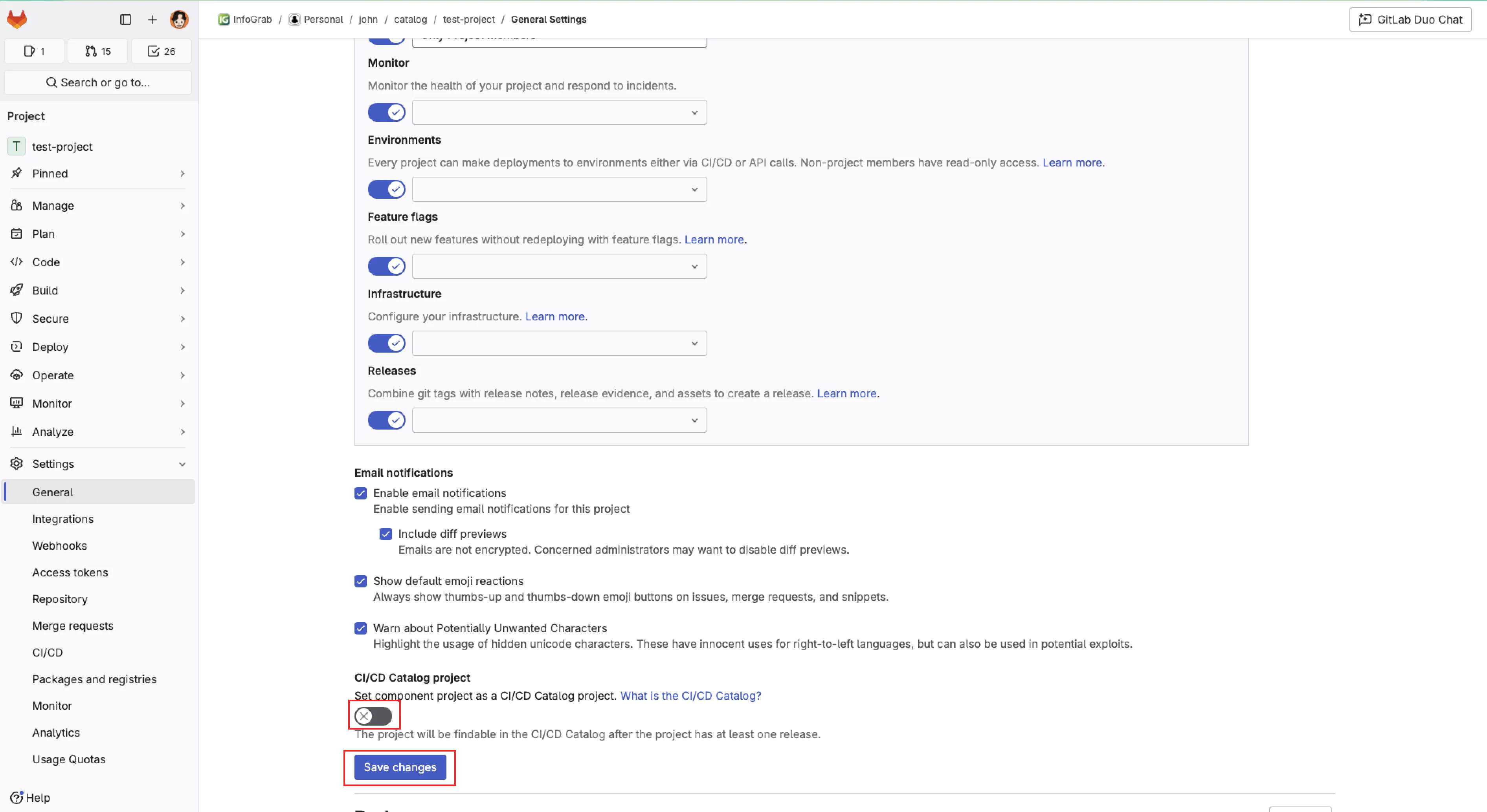 GitLab CI/CD Catalog project 기능 활성화 화면