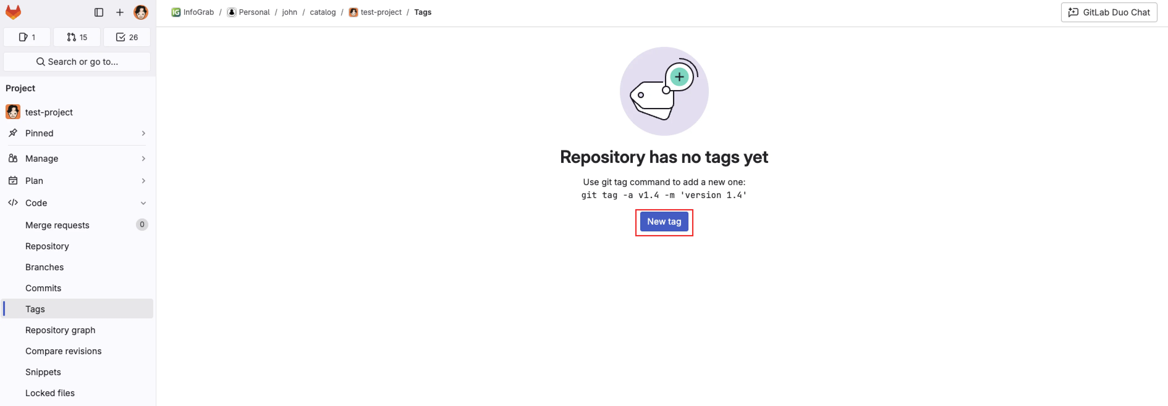 GitLab CI/CD 컴포넌트 프로젝트 Tags 페이지 화면