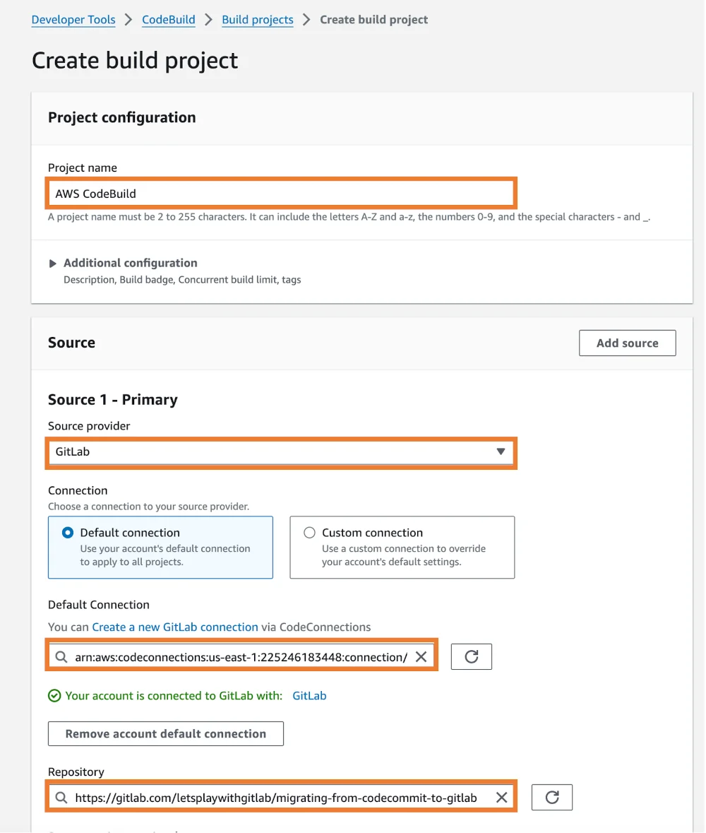 AWS CodeBuild 프로젝트 생성. 출처=GitLab