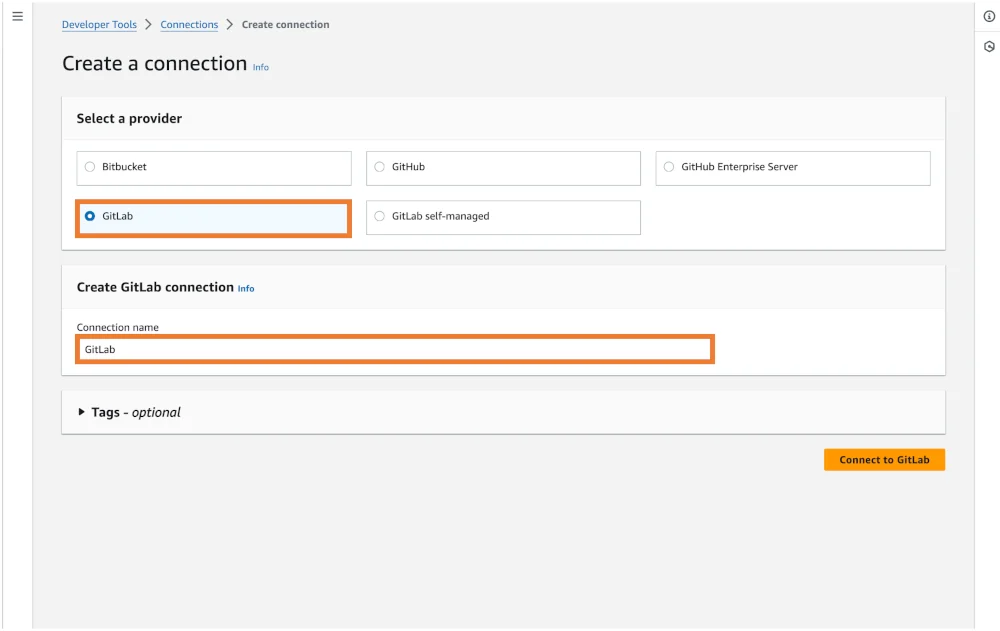 AWS CodeStar Connections 설정. 출처=GitLab