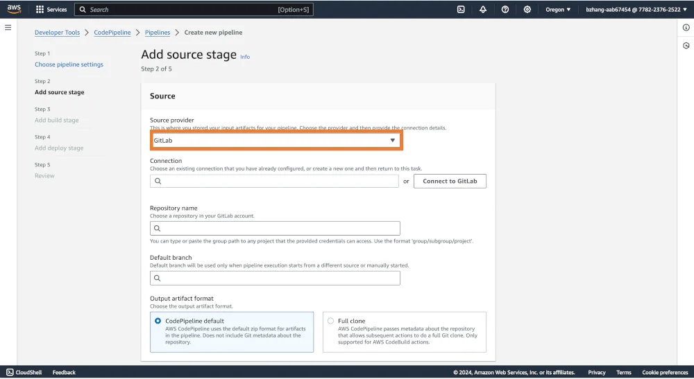 AWS CodePipeline 소스 공급자 추가. 출처=GitLab