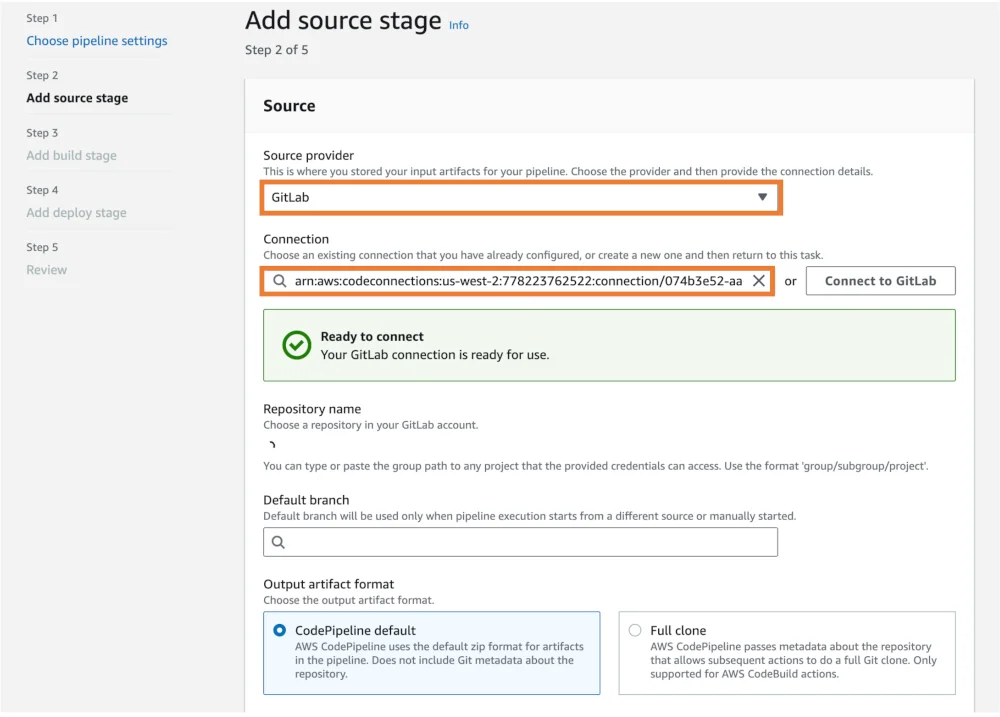 AWS CodePipeline 연결 선택 또는 추가. 출처=GitLab