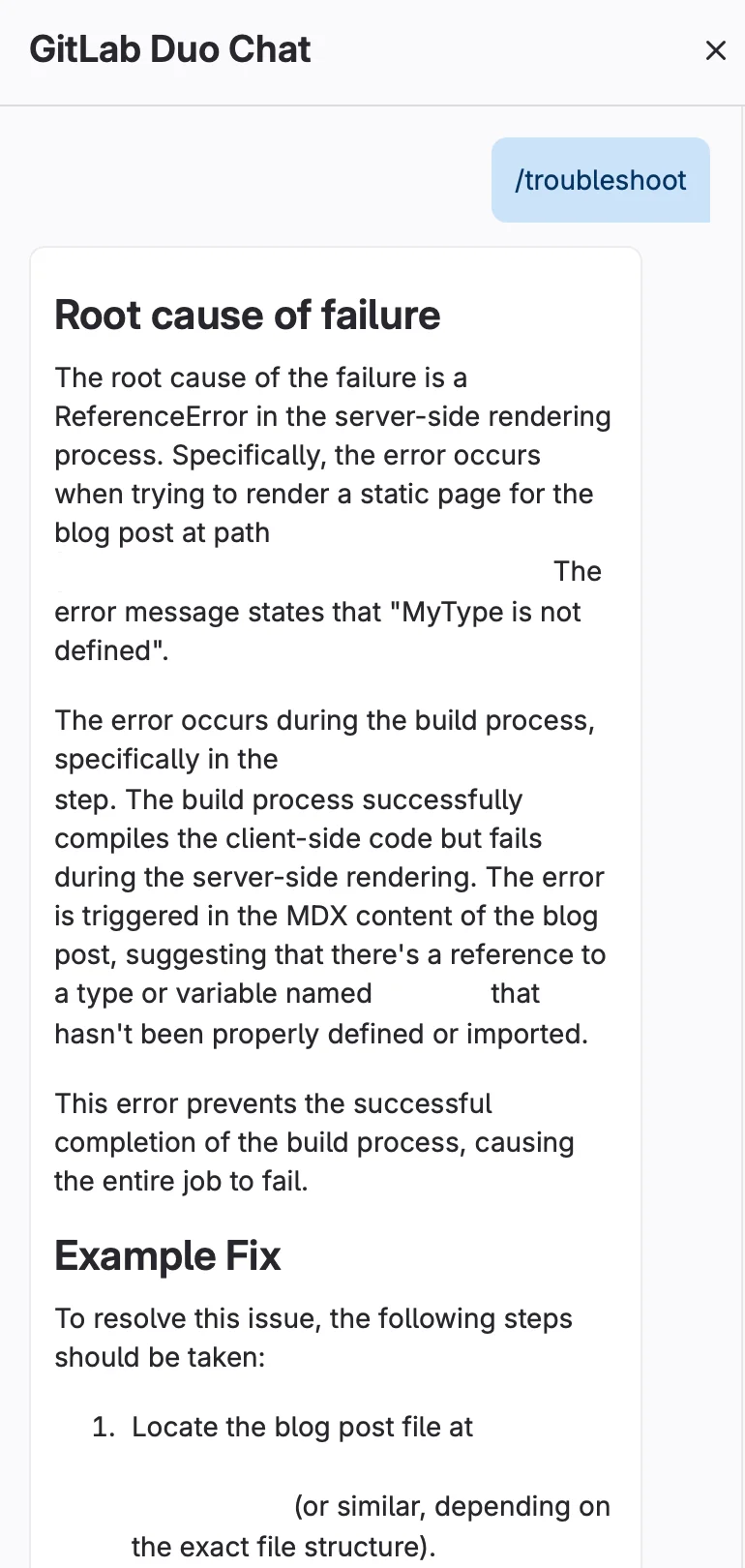 GitLab Duo Chat에 표시된 CI/CD job 실패의 근본 원인 분석 내용과 해결 방법 내용. 출처=GitLab