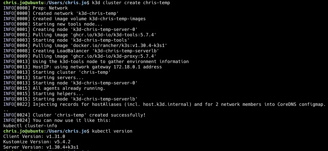 k3d로 로컬 클러스터가 생성되고 Kubernetes 컨텍스트가 자동 이동된 모습