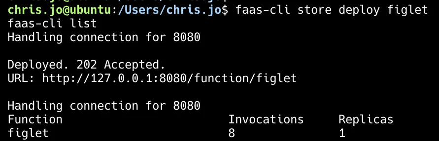 faas-cli로 서버리스 함수를 생성하고 리스트를 확인하는 화면