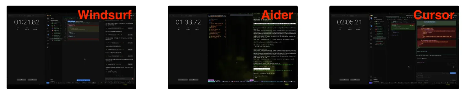 Windsurf, Aider, Cursor 코드 생성 시간(왼쪽부터)