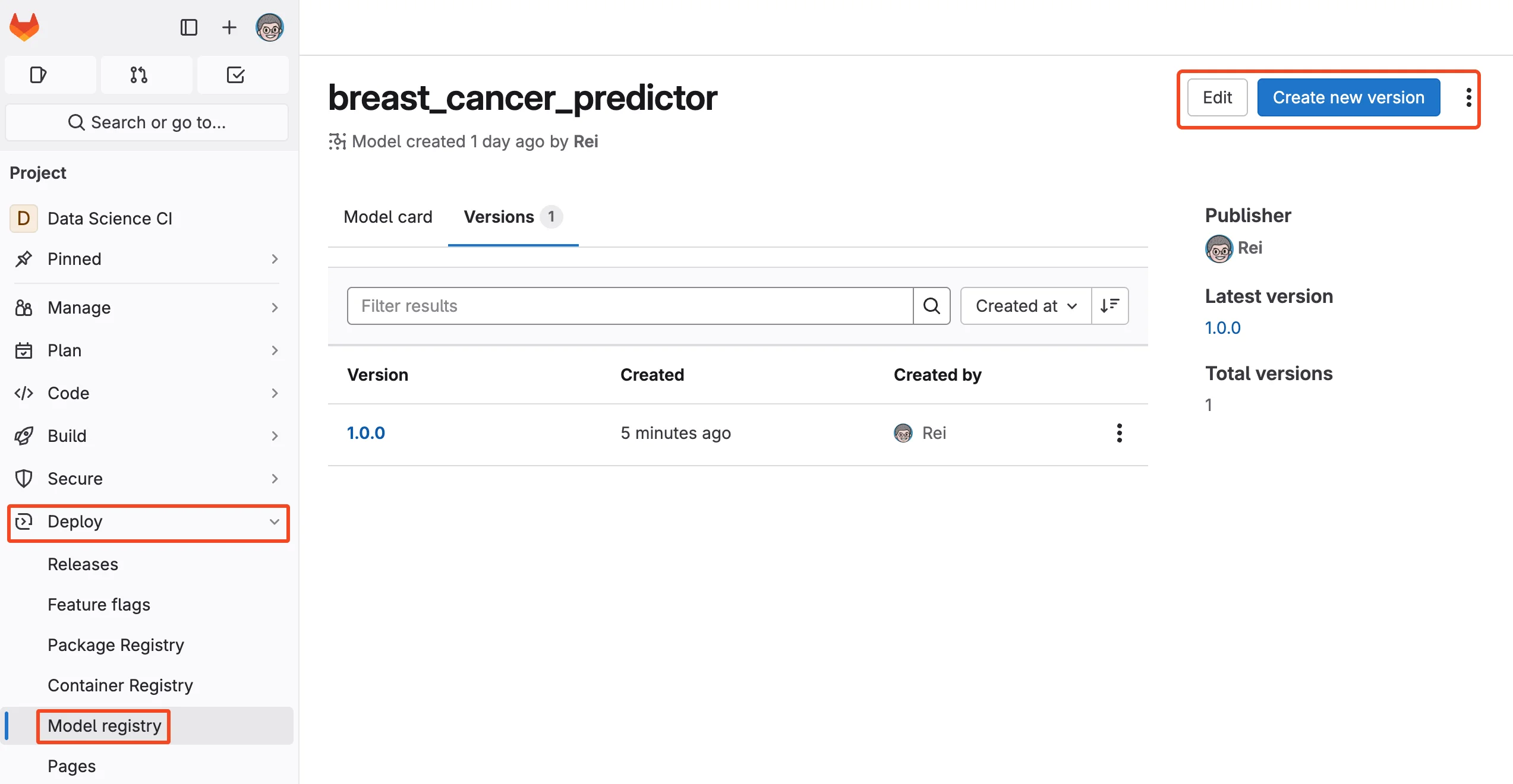 GitLab Model registry 관리 화면