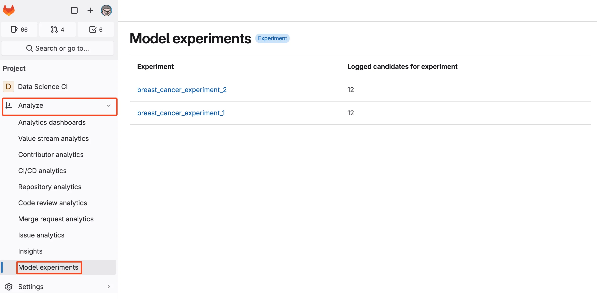 GitLab Machine learning model experiments 관리 화면
